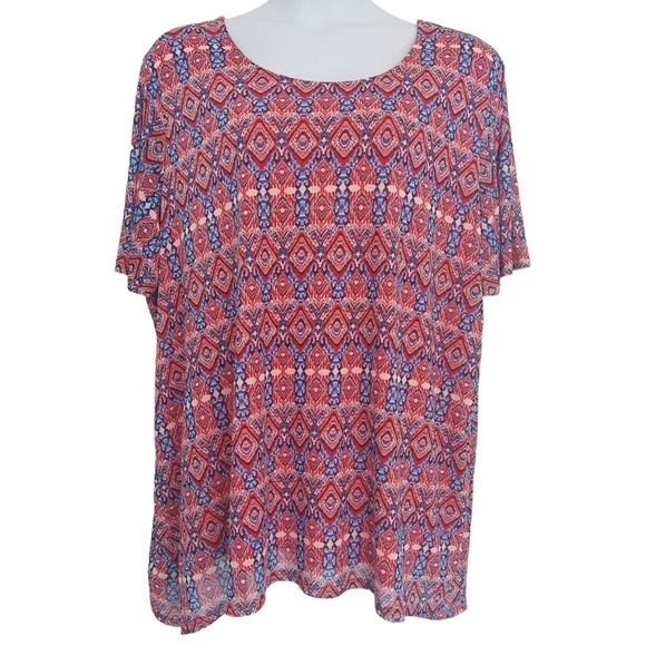 Catherines Blue Red Mosaic Mesh Short Sleeve Tunic Lattice Back Boho Maximalist - Picture 1 of 7